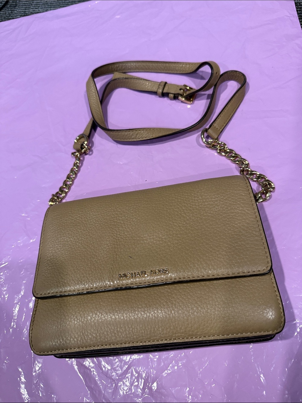 Michael Kors Tan Pebbled Leather Chain Crossbody Bag